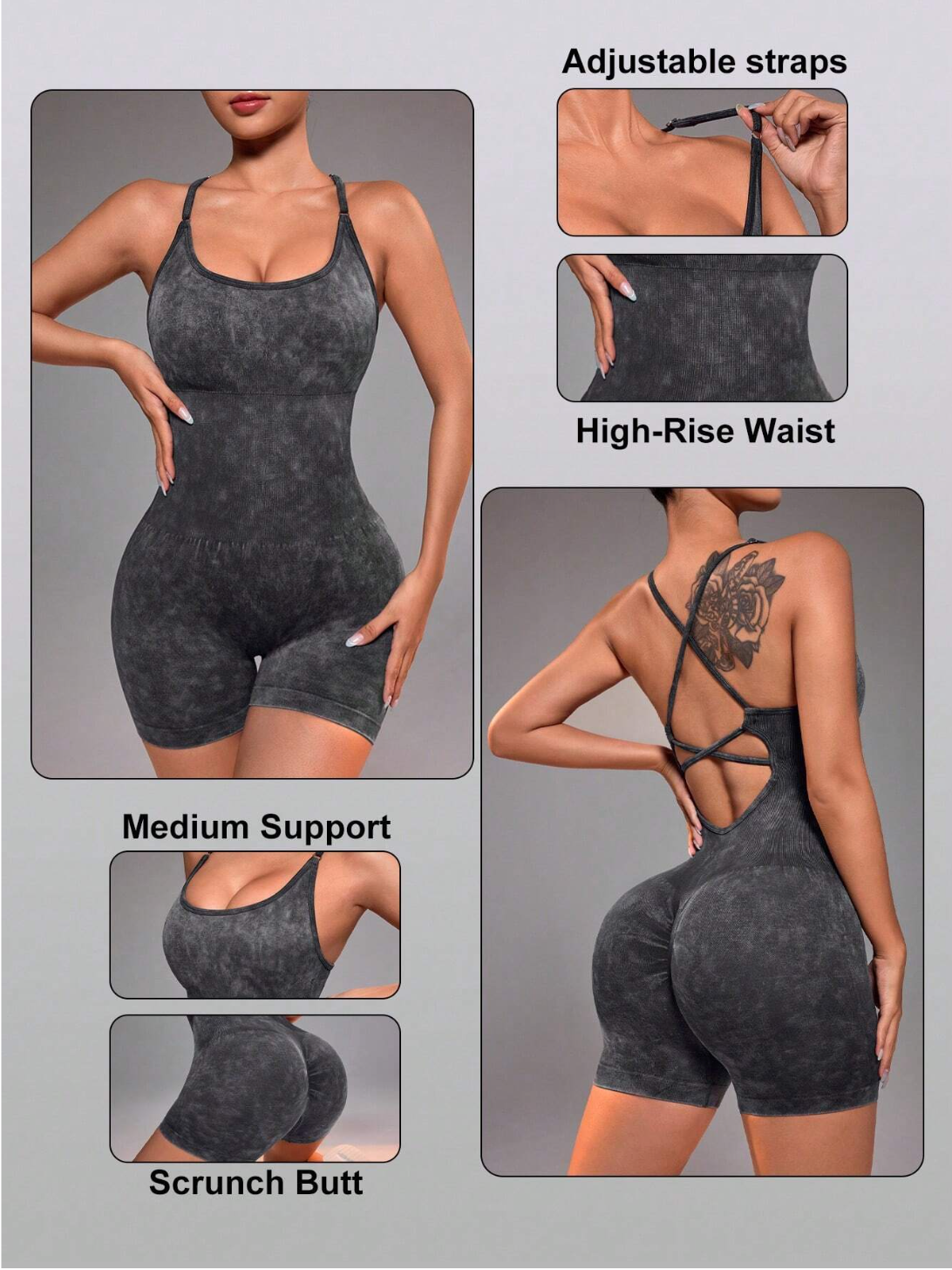 Gray bodysuit with adjustable straps, high-rise waist, medium support, and scrunch butt.