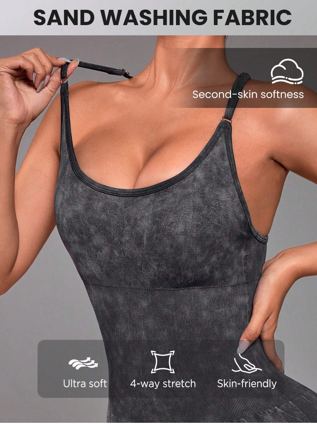 Gray sand washing fabric with text highlighting features.