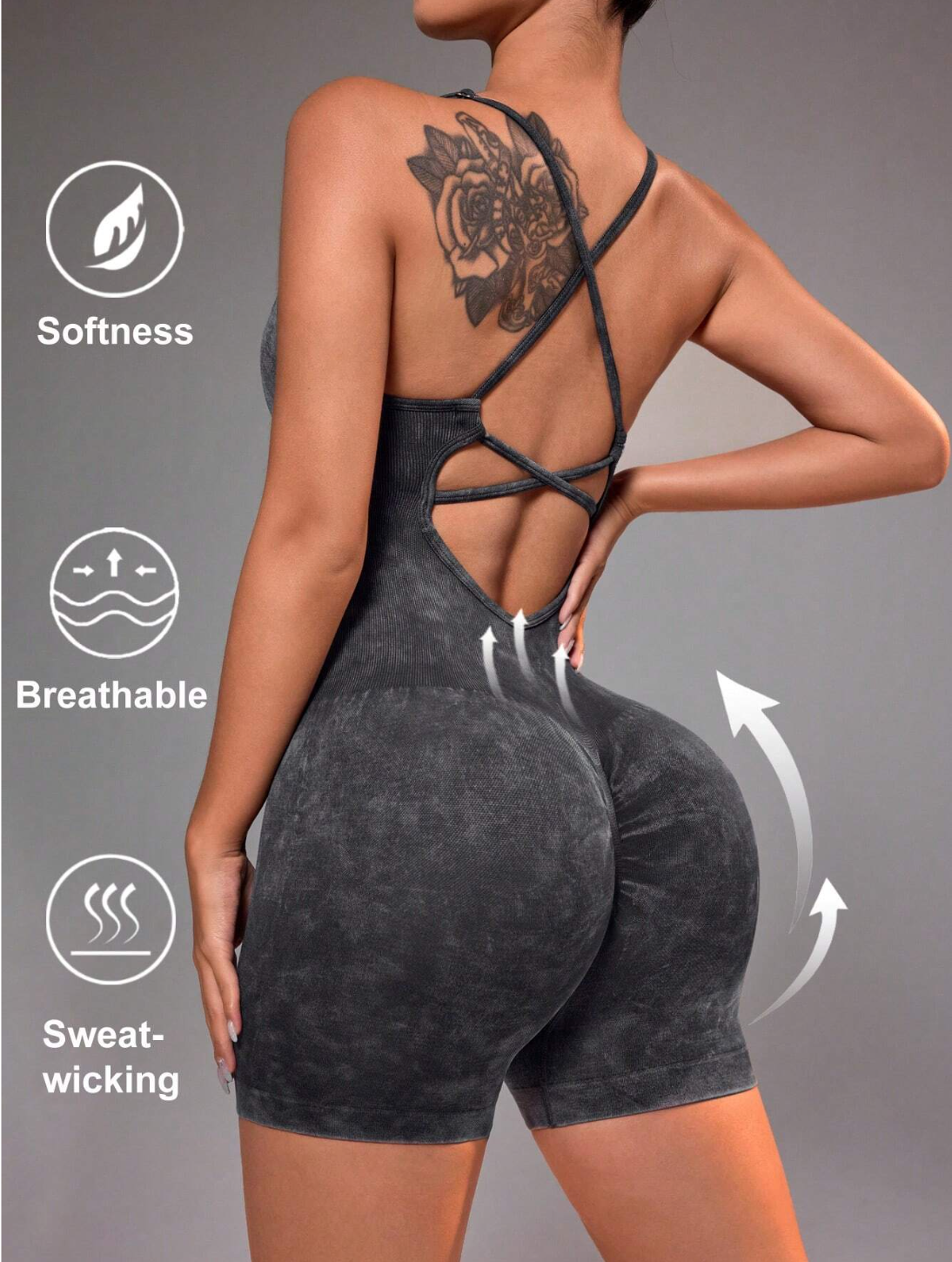 Black bodysuit with features highlighted.