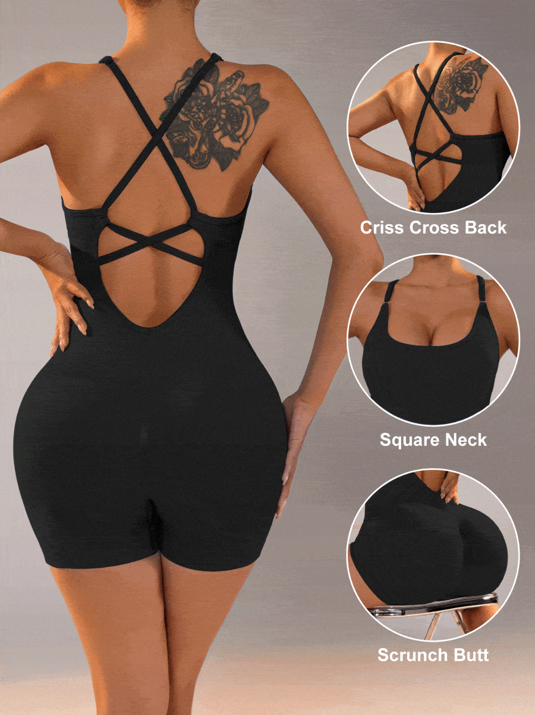 Black bodysuit with criss-cross back design, square neck, and scrunch butt.